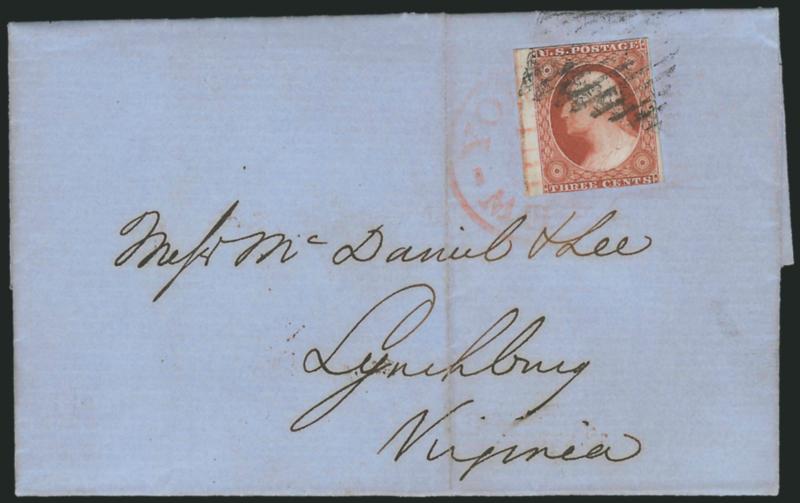 3c Reddish Orange Brown, Ty. II (10A).> Position 51R2E, large margins to just in incl. <straddle margin> at left, tied by square grid, <New-York Jul. 23> circular datestamp on blue 1851 folded letter to Lynchburg
Va., vertical file fold well clear