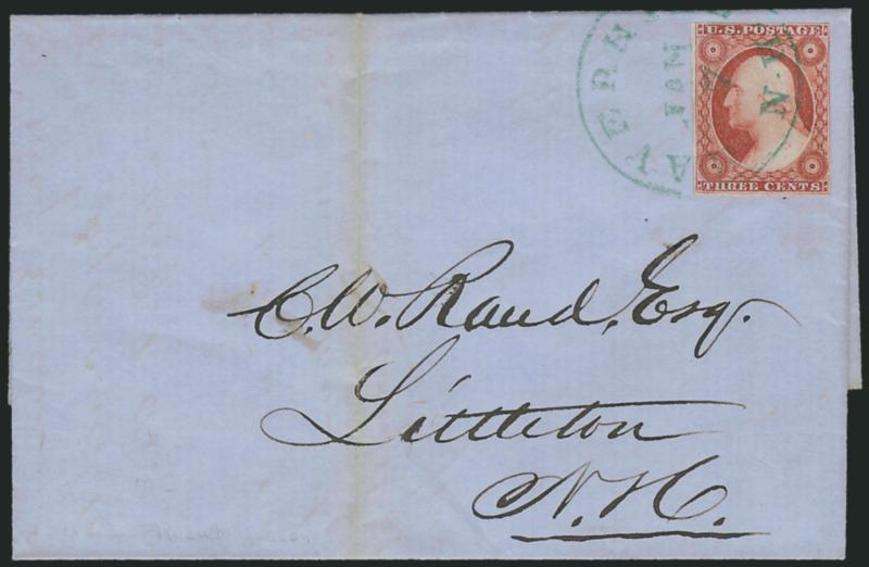 3c Deep Brownish Carmine, Ty. II (11A var).> Position 10R2L, recut at bottom, large margins to just in, rich color, tied by <green Haverhill N.H. Jan. 7> circular datestamp on blue 1852 folded letter to Littleton
N.H., vertical file fold well away