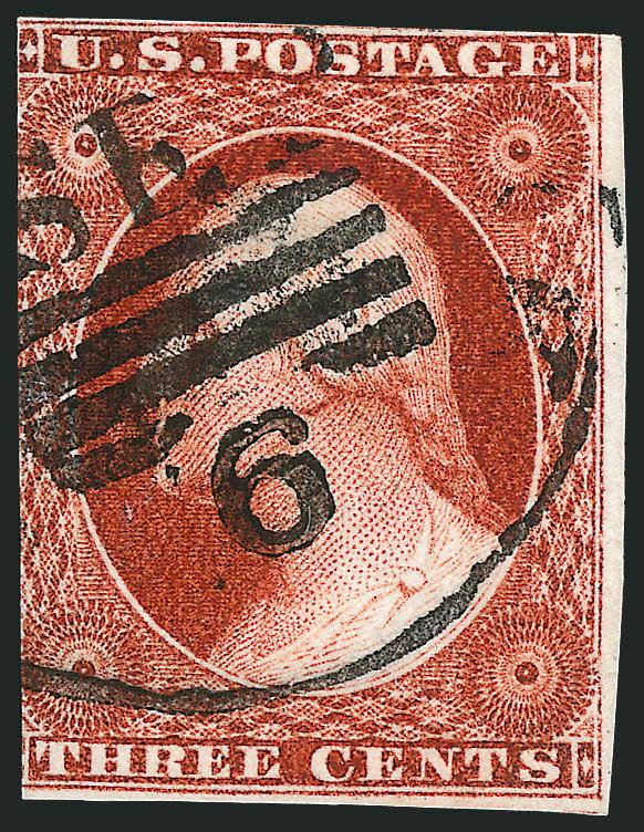 3c Orange Brown, Ty. II (10A).> Position 31L0, large margins to in, rich color, bold strike of <Sep. 6 (1851)> circular datestamp, faint horizontal bend and corner crease, appears Fine, <the earliest reported use
from Plate 0>
