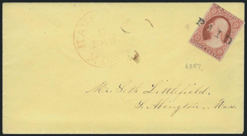 3c Brownish Carmine, Ty. I (11).> Position 83R7 plating note, three large margins, in at top, tied by Paid cancel, red <Haverhill Mass. 9 Feb. (1856)> circular datestamp on yellow cover to So. Abington Mass.,
with original enclosure dated 1856, F