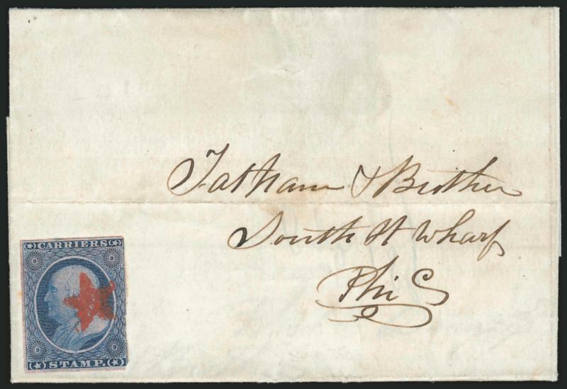(1c) Dull Blue, Franklin Carrier (LO1).> Large margins to barely in at right, deep rich color and proof-like impression, cancelled by Philadelphia <red star>, used on December 3, 1851 folded letter datelined in
Philadelphia to <<Tatham & Brothers, S