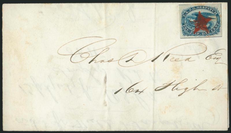 1c Blue, Eagle Carrier (LO2).> Ample margins, cancelled by <Philadelphia red star> cancel on June 1852 folded letter to local street address, file fold clear of stamp, Very Fine