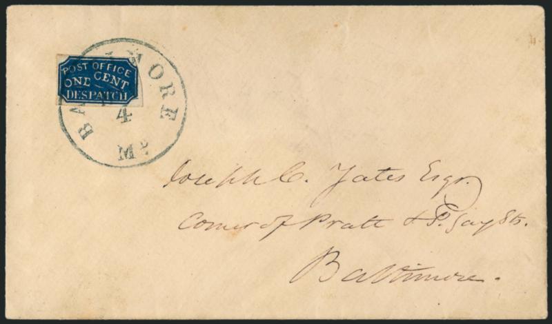 Baltimore Md., 1c Blue (1LB3).> Large margins to just touched at right, <tied by blue Baltimore Md. May 4 circular datestamp> on cover to local street address, Very Fine, the Baltimore carrier stamps are rarely
encountered tied in this manner, ex C