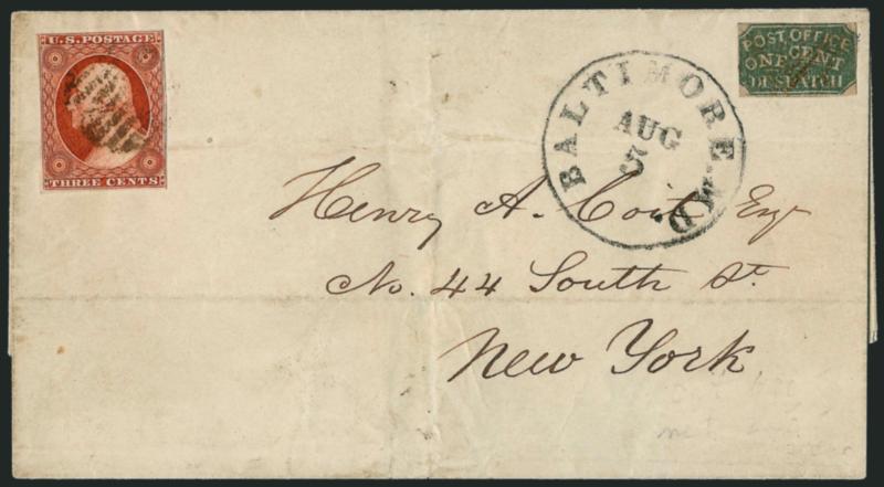 Baltimore Md., 1c Green (1LB4).> Type 9, ample margins to slightly in, ms. cancel, used with <3c Orange Brown, Ty. II (10A),> ample margins to clear, tied by grid cancel, Baltimore Md. Aug. 5 (1851) circular
datestamp on folded cover to New York Ci
