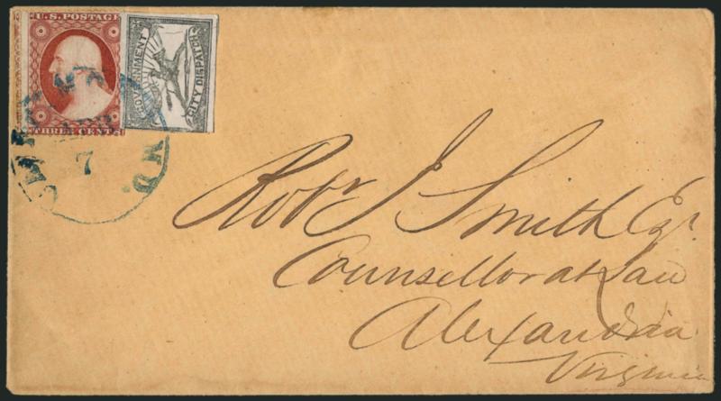 Baltimore Md., 1c Black, SENT (1LB8a).> Position 7, three large margins, slightly in at left, pencil X cancel, used with 3c Dull Red, Ty. III (26), some scissors-trimmed perfs, both stamps <tied by blue
Baltimore Md. Apr. 7 circular datestamp>