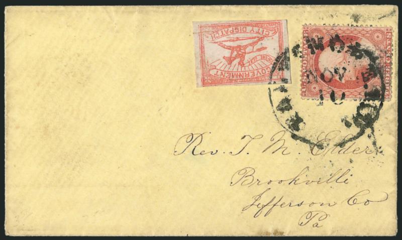 Baltimore Md., 1c Red (1LB9).> Large margins to clear, used with 3c Dull Red, Ty. III (26), <both stamps tied by Baltimore Md. Nov. 10 circular datestamp> on small yellow cover to Brookville Pa., Very
Fine