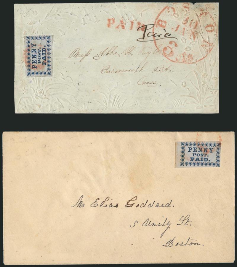 Boston Mass., 1c Blue (3LB2).> Two, one tied by red ring of pearls on cover to local street address, other tied by same cancel on front only of ladys embossed envelope with red Boston 3 cts 10 Jan.
integral-rate circular datestamp and Paid hands