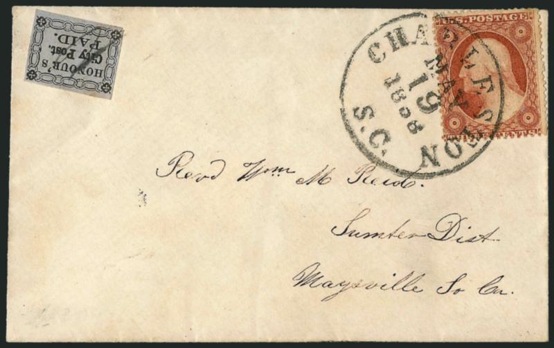 Honours City Post, Charleston S.C., 2c Black on Bluish (4LB13).> Large margins to just clear in places, tied by tail of ms. 2, used with 3c Dull Red, Ty. III (26), tied by Charleston S.C. May 19, 1858 circular
datestamp on small cover to Maysvil
