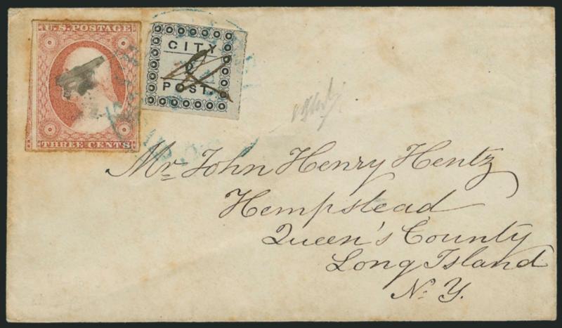 (Honours) City Post, Charleston S.C., 2c Black (4LB3).> Three large margins, touched at top, ms. H cancel, used with 3c Orange Red, Ty. II (11A), large margins, ms. cancel, gum stains around edges, both stamps
tied by blue Charleston S.C. Paid Ap
