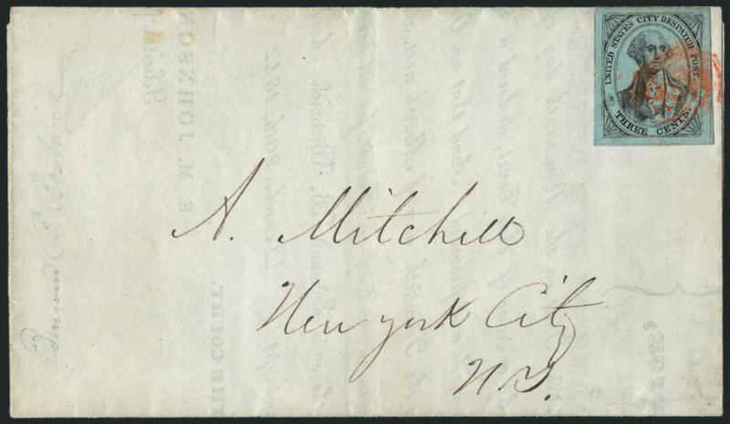 U.S. City Despatch Post, New York N.Y., 3c Black on Light Blue Unsurfaced (6LB3).> Large even margins, tied by red U.S. in octagon handstamp on Dec. 20, 1842 printed bankruptcy notice to local addressee,
Extremely Fine, one of the few U.S. City Dep