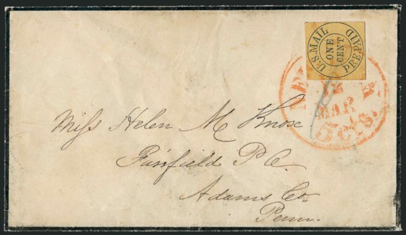U.S. Mail, New York N.Y., 1c Black on Yellow, Buff Glazed (6LB10, 6LB11).> Former tied by pencil on March 1851 folded letter, file crease thru stamp, latter tied by pencil and red New-York 5 cts. 12 Mar.
integral-rate circular datestamp on mourning