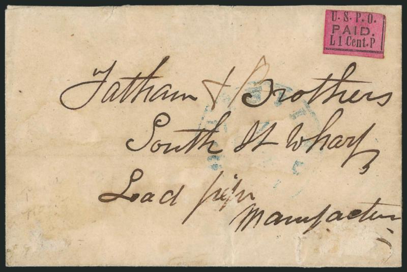 U.S.P.O., Philadelphia Pa., 1c Black on Rose, L P (7LB1).> Two full margins, left and top framelines cut into, uncancelled, used on Nov. 2, 1850 folded letter to street address, lightly struck blue Philadelphia
circular datestamp, faint toning and