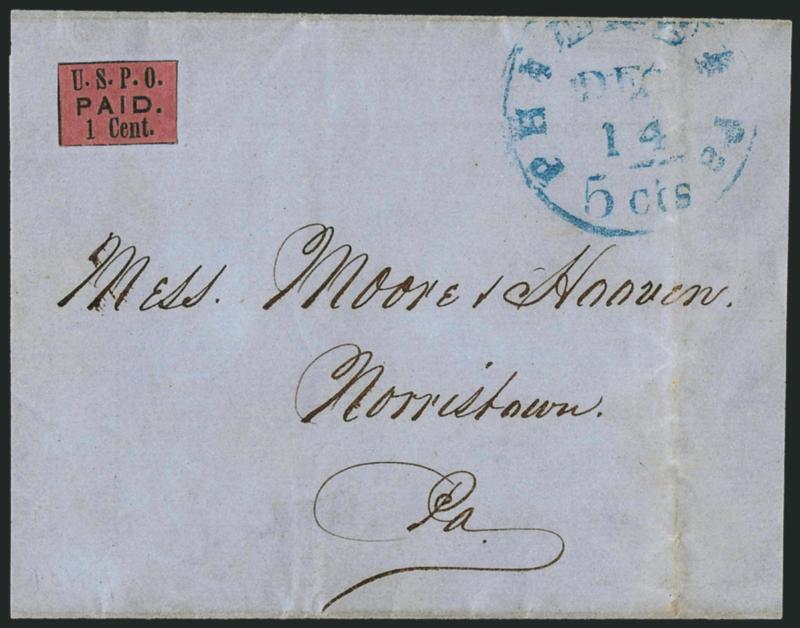 U.S.P.O., Philadelphia Pa., 1c Black on Rose (7LB6).> Traces of four framelines, uncancelled, blue Philada. Pa. 5 cts. Dec. 14 integral-rate circular datestamp on large part of folded cover to Norristown Pa.,
docketed with 1849 year date, fresh and
