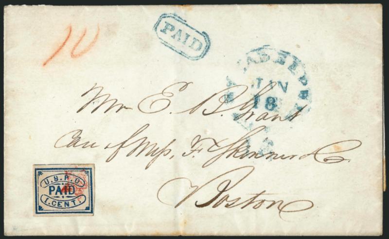 U.S.P.O., Philadelphia Pa., 1c Blue (7LB12).> Ample to large margins, red star cancel, used on folded cover to Boston, blue Philadelphia Pa. Jan. 18 circular datestamp with attached 10 rate at bottom, matching
Paid oval, red crayon 10 rate, V