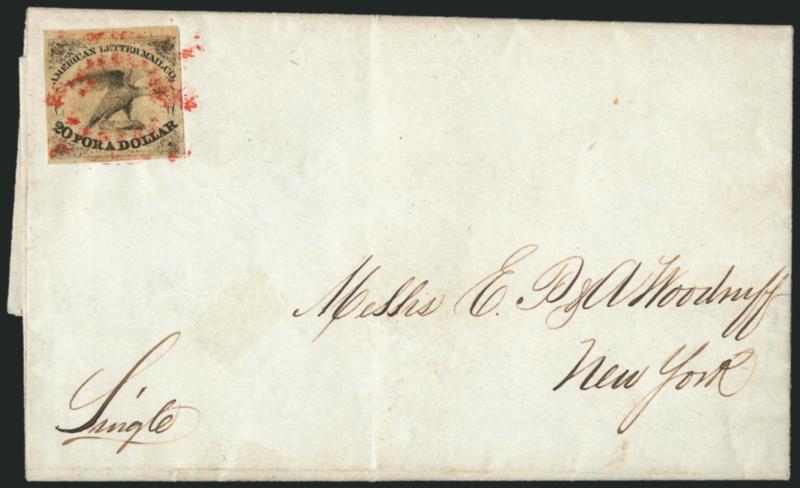 American Letter Mail Co., 5c Black, Thick Paper (5L1).> Full to large margins, usual brownish gum found on this First Printing on thick paper, tied by <red oval of stars> cancel on Feb. 21, 1844 folded letter
from Boston to New York City, Very Fine,