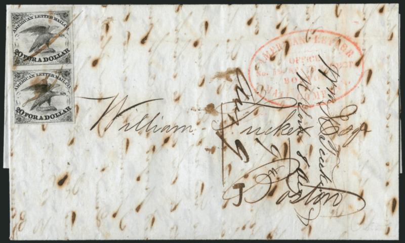 American Letter Mail Co., 5c Black, Thin Paper (5L1).> Vertical pair, large to huge margins, tied by ms. cancel, red American Letter Mail Company, Office, No. 12 State Street, Boston oval handstamp on folded
cover to Boston, originated in New York
