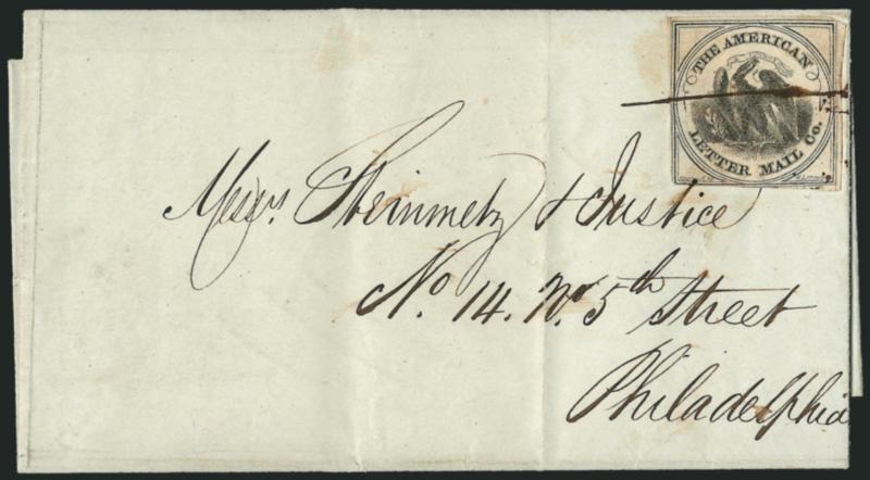 American Letter Mail Co., (5c) Black on Gray (5L2).> Ample margins to slightly in, tied by ms. cancel on Feb. 15, 1845 folded letter from New York to Philadelphia, Fine, Scott Retail $500.00
