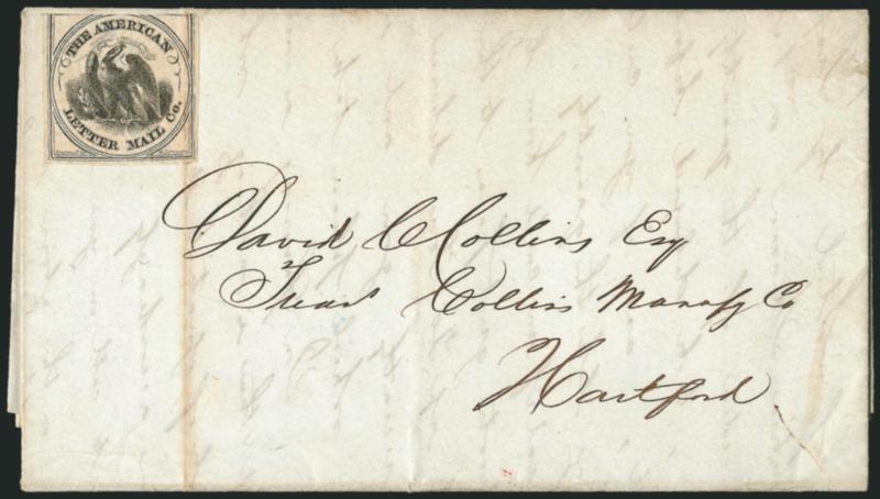 American Letter Mail Co., (5c) Black on Gray (5L2).> Three large margins, cut in at top, uncancelled, tied by file fold on Mar. 21, 1845 folded letter on printed letterhead from New York to Hartford Conn.,
Fine, American Letter Mail Co. covers to Har