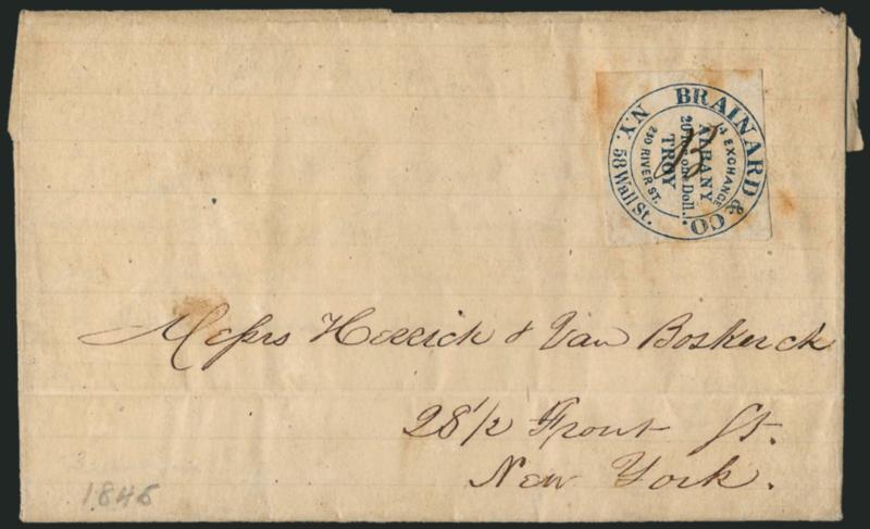 Brainard & Co., New York-Albany-Troy, 5c Blue (24L2).> Large margins to in at top, ms. B cancel (Albany), used on Mar. 13, 1845 folded letter to New York City street address, some splits in folds, toning ties
stamp<><>^VERY FINE. ONE OF FOURTEEN