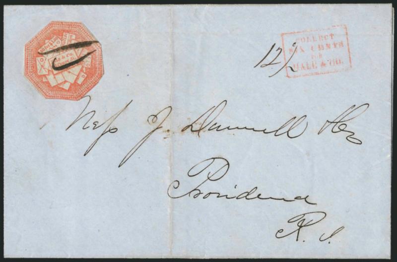 Hale & Co., 5c Red on Bluish (75L2).> Cut to shape, cancelled by two penstrokes on blue folded cover to Providence R.I., red Collect Six Cents for Hale & Co. boxed handstamp, ms. 12-12 double rate, light
vertical file fold well away from stamp,