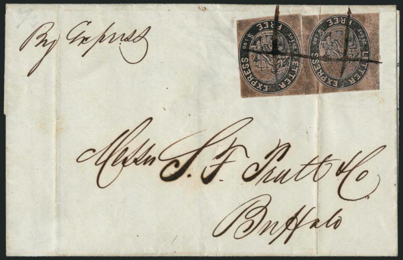 Letter Express (Wells), 5c Black on Pink Glazed (96L1).> Two, tied by ms. cancels on August 1844 folded cover to Buffalo N.Y., vertical file fold affects right stamp, otherwise Very Fine, with 1991 P.F.
certificate