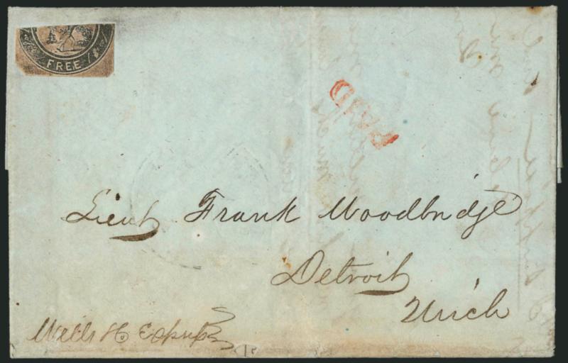 Letters Express (Wells), 10c Black, Half Used as 5c (96L3).> Lower horizontal half, uncancelled, with red Paid straightline handstamp on greenish folded letter from Buffalo, Jul. 16, 1844, to Detroit Mich.,
senders routing via <<Wells & Co. Expre