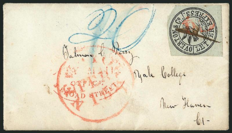 Overton & Co., (5c) Black on Greenish (113L1).> Large margins, cancelled by ms. and red Cd. handstamp applied at Overtons Albany N.Y. office on small folded Valentine poem to a student at Yale College in New
Haven Conn., red Overton & Cos City M