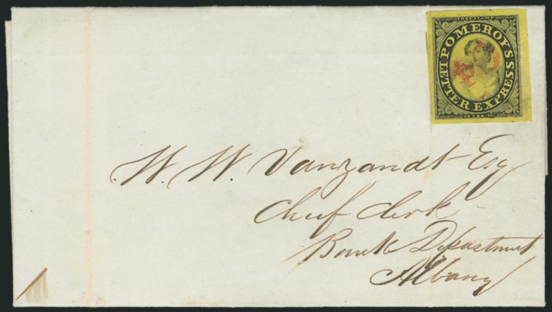 Pomeroys Letter Express, (5c) Black on Yellow Surface-Colored Paper, Value Incomplete (117L2).> Large to huge margins, beautiful bright Lemon Yellow shade, cancelled by perfectly clear red Cd. (impression ties
thru paper) on Jul. 10, 1844 folded l
