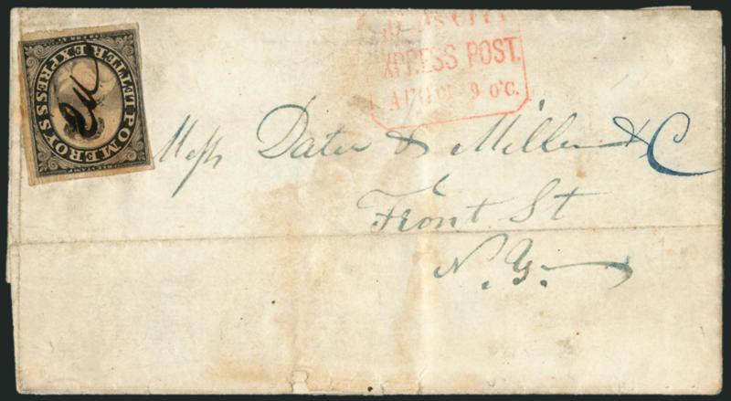 Pomeroys Letter Express, 5c Black on Thin Bond (117L4).> Large margins to touching, cancelled by ms. initials (minor acid cracks in ink), used on Aug. 8, 1844 folded letter to New York City, delivered by Boyds
with part strike of red oyds City
