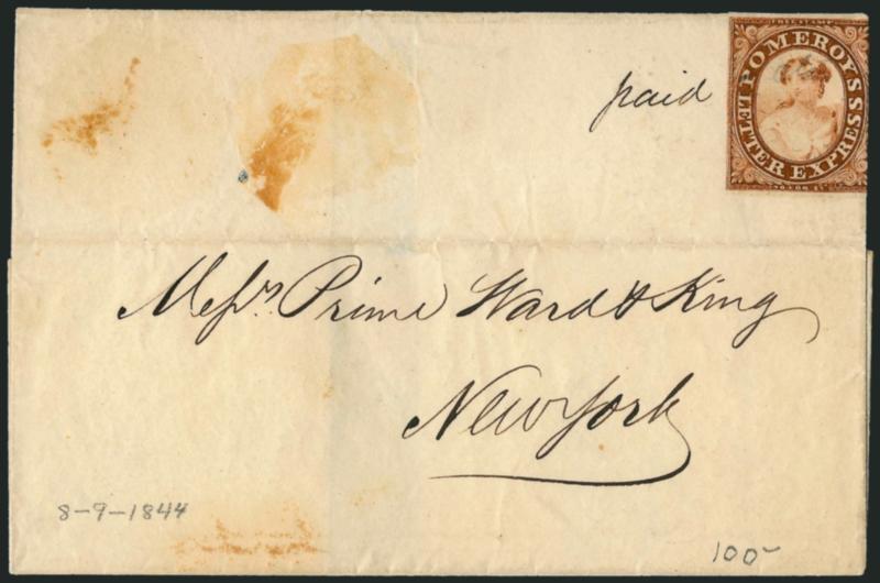 Pomeroys Letter Express, 5c Lake on Thin Bond (117L6).> Margins to in, cancelled by ms. 2 cts on folded cover to New York, cover with few soiled spots, otherwise Fine, the octagonal-shaped gum stains at upper
left indicate that two Hale stamps wer