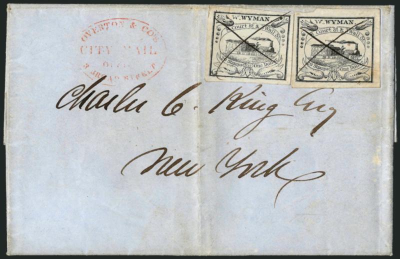 W. Wyman, Boston Mass., 5c Black (149L1).> Two, both have large margins and ms. X cancel, left stamp tied, on blue folded letter datelined <oston January 28, 1845>> to New York City, clear strike of red
<Overton & Cos City Mail, Office, 3 Bro