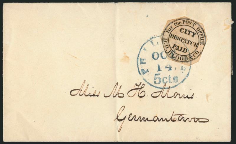 D. O. Blood & Co., Philadelphia Pa., (1c) Black, For the Post Office (15L8).> Cut to shape and just touched in spots, <tied> by blue Philad. Pa. 5cts. Oct. 14 integral-rate circular datestamp to Germantown,
Very Fine, ex Duckworth, Scott Retail $