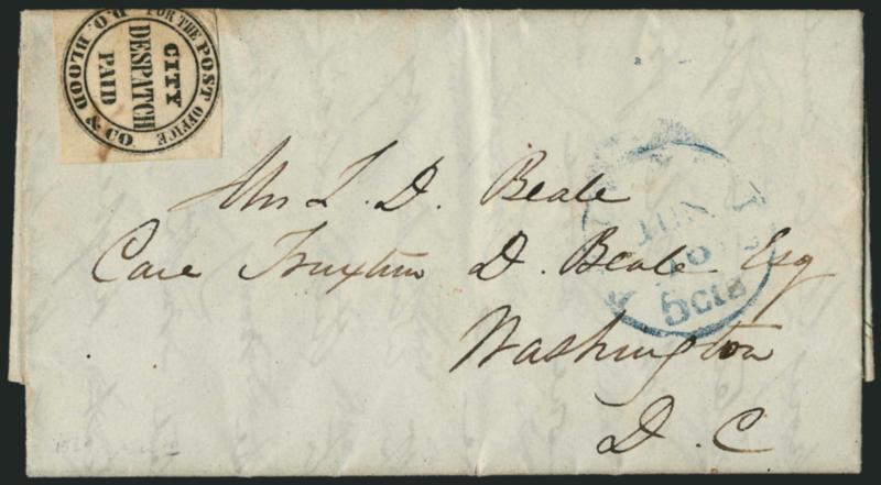 D. O. Blood & Co., Philadelphia Pa., (1c) Black, For the Post Office (15L9).> Large margins to just touched, affixed over top edge of cover and tied by offset from ms. of contents on folded letter to Washington
D.C., blue Philad. Pa. 5cts. Jun.