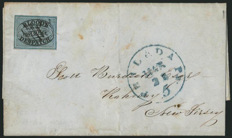 Bloods City Despatch, Philadelphia Pa., (unstated value) Black & Blue (15L10).> Cancelled by small grid, blue Philada. Pa. 5 Mar. 23 integral-rate circular datestamp on folded cover to Rahway N.J., cover with
few light toned spots, otherwise Very