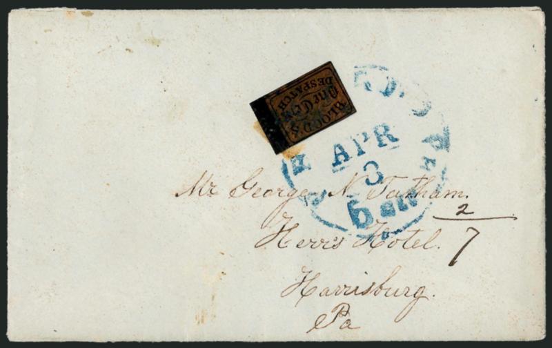 Bloods City Despatch, Philadelphia Pa., 1c Bronze on Black Glazed (15L13).> Two covers, first tied by blue Philadelphia integral-rate circular datestamp to Harrisburg Pa., second acid tied to local street
address, Very Fine, Scott Retail $300.00