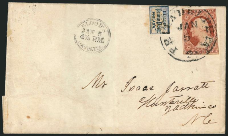 Bloods City Despatch, Philadelphia Pa., (1c) Blue & Pink on Bluish (15L15).> Used with 3c Dull Red, Ty. II (11A), both stamps tied by Philadelphia Pa. Jan. 5 circular datestamp on folded cover to Huntsville
N.C., Bloods circular datestamp at left