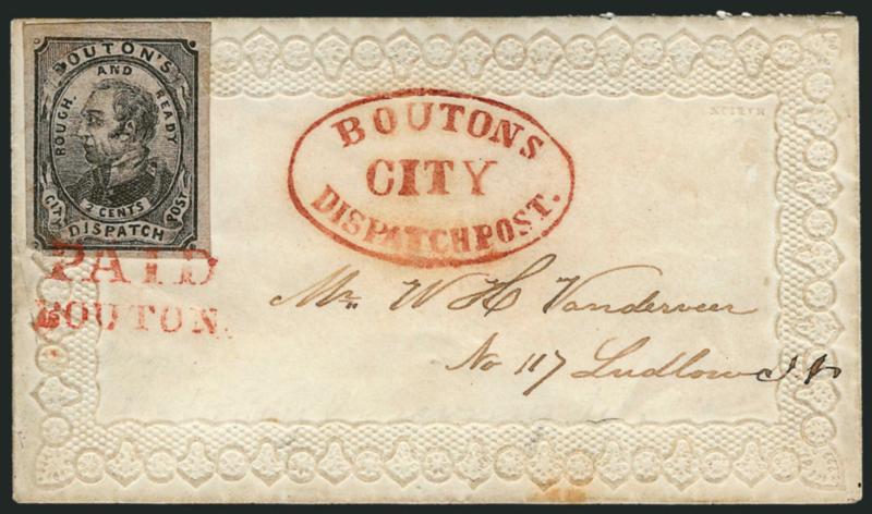 Boutons City Dispatch Post, New York N.Y., 2c Black on Gray Blue, Dots in Corners (18L2).> Large margins to barely touched at bottom left, tied by clear strike of red PaidBouton two-line handstamp, matching
Boutons City Despatch Post oval hand