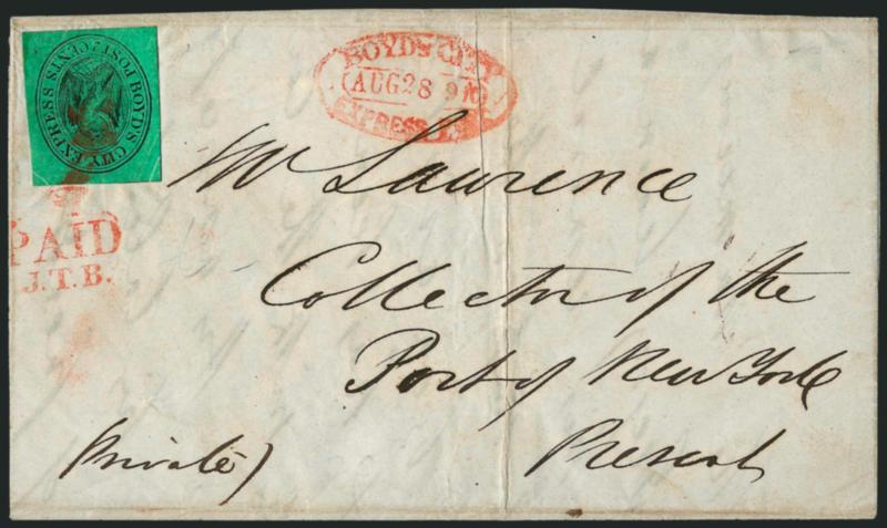 Boyds City Express, New York N.Y., 2c Black on Green (20L4).> Two covers, one stamp cut to shape and tied by red handstamp to local street address, second also tied by red handstamp, addressed to <<Collector,
Port of New York>>, few flaws, both app