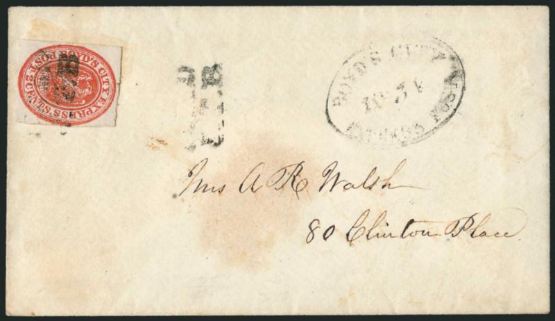 Boyds City Express, New York N.Y., 2c Brick Red (20L12).> Large margins to barely touched, tied by Paid J.T.B. handstamp, second strike at right, on cover to local street address, light strike of Boyds City
Express, ? 31 oval datestamp, cover w