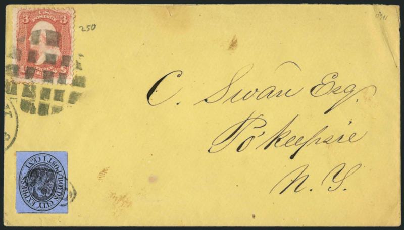 Boyds City Express, New York N.Y., 1c Black on Lilac (20L17).> Tied by Paid in oval handstamp and used with 3c Rose (65), tied by large segmented cork on yellow cover to Poughkeepsie N.Y., fresh and Very Fine,
a pretty cover, Scott Retail $500.00