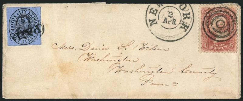 Boyds City Express, New York N.Y., 1c Black on Blue Gray (20L18).> Tied by Paid in oval handstamp and used with 3c Rose (65), cancelled by target, New-York Apr. 2 double-circle datestamp on small cover to
Washington Penn., trivial overall soilin
