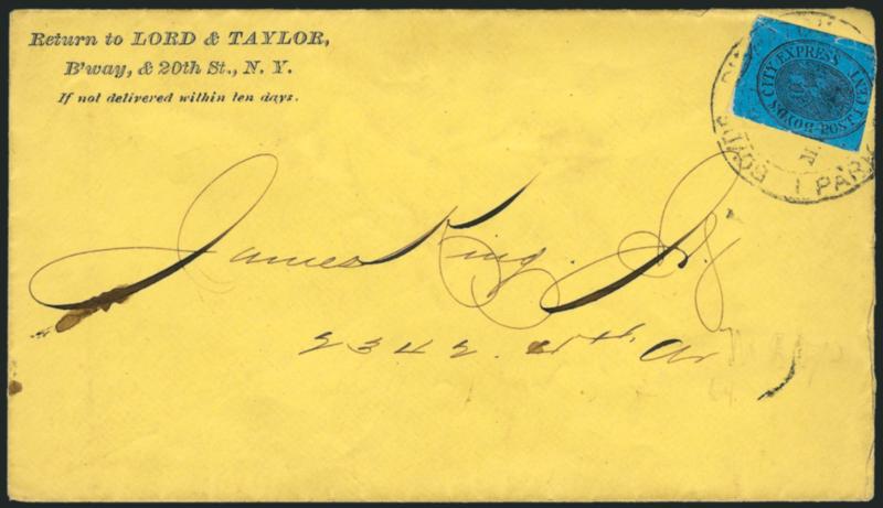 Boyds City Express, New York N.Y., 1c Black on Blue (20L25).> Large margins to just in incl. part of adjoining stamp at top, tied by Boyds Dispatch 1 Park Place double-circle datestamp on yellow cover to local
street address, stamp with some crea