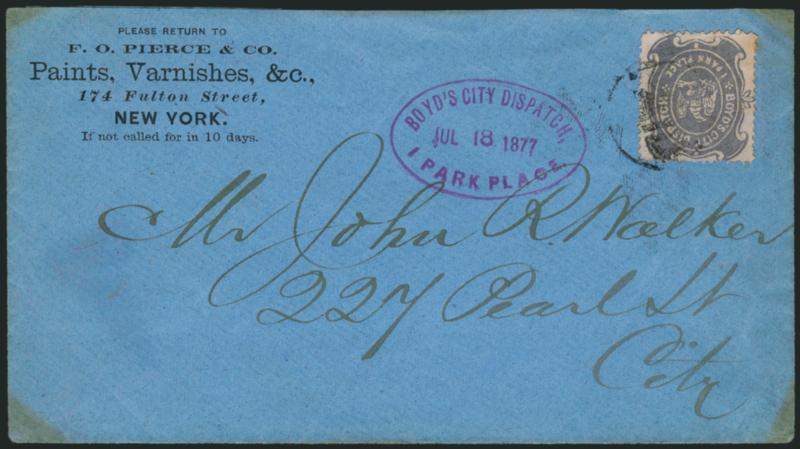 Boyds City Dispatch, New York N.Y., (1c) Gray on Roseate (20L36).> Affixed upside down and tied by handstamp on paint and varnish dealers corner card cover to local street address, purple Boyds City Dispatch, 1
Park Place, Jul. 18, 1877 oval dat