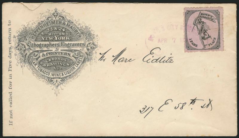 Boyds Dispatch, New York N.Y., (unstated value) Black on Pink (20L52).> Tied by purple Boyds City Dispatch Apr. 7, 188? datestamp on locally used cover with <lithographers and printers corner card,> minor
edgewear, Very Fine, Scott Retail $400.
