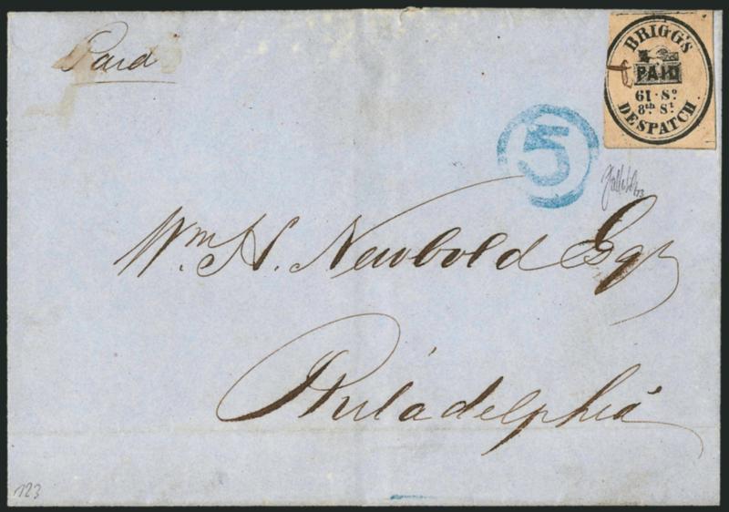 Briggs Despatch, Philadelphia Pa., (2c) Black on Rose (25L1).> Three large margins, slightly in at left, ms. X cancel (not tied), used on blue folded cover to Wm. H. Newbold in Philadelphia, blue 5 in circle
handstamped rate marking applied by P