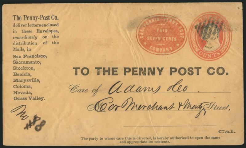 California Penny Post Co., San Francisco, 7c Vermilion on 3c Red on Buff Entire (34LU7).> Instructions and list of eight offices at left, unusual square grid cancel, addressed to Adams & Co. at corner of
Merchant and Montgomery in San Francisco, so