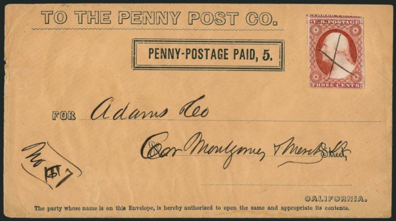 California Penny Post Co., San Francisco, 5c Black on Buff Entire (34LU9).> Printed frank on plain envelope to San Francisco street address with <3c Dull Red, Ty. I (11),> mostly large margins, cancelled by ms.
X<><>^VERY FINE. A REMARKABLY FRESH