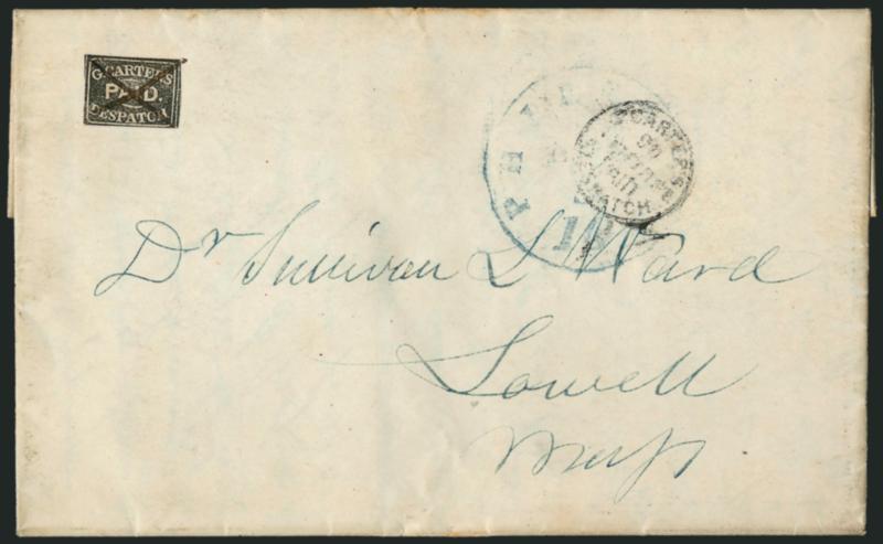 G. Carters Despatch, Philadelphia Pa., (2c) Black (36L1).> Two covers, first tied by ms. X to Lowell Mass., second with Despatch crossed out to local street address, Very Fine, first with 1990 P.F.
certificate