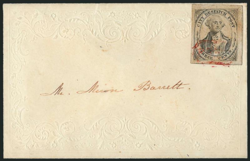 (Greigs) City Despatch Post, New York N.Y., 3c Black on Grayish (40L1).> Large margins, tied by red Free in frame on embossed <Valentine> cover to local addressee, with original enclosure, stamp has faint gum
toning<><>^VERY FINE. A SPECTACULAR