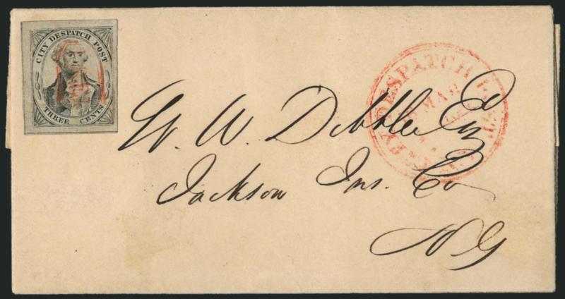 (Greigs) City Despatch Post, New York N.Y., 3c Black on Grayish (40L1).> Large to full margins, cancelled by red Free in frame, matching City Despatch Post N.Y. 16 Mar. 1 OClock Ty. II double-line circular
datestamp on 1842 folded printed notic